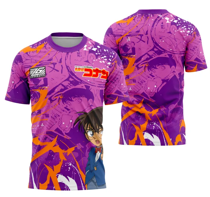 Camiseta unissex preta com logo no peito e estampa grande nas costas do tema Interclasse Shinichi Kudo, perfeita para fãs que buscam estilo e conforto em evento ou uso diário.