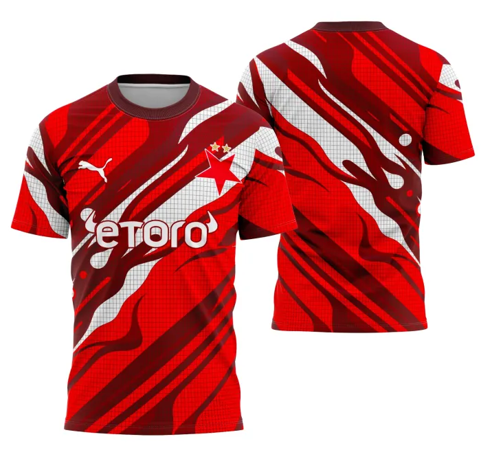 Camiseta unissex preta com logo no peito e estampa grande nas costas representando conceito Slavia Praga de interclasse, estilo moderno e casual para uso diário.