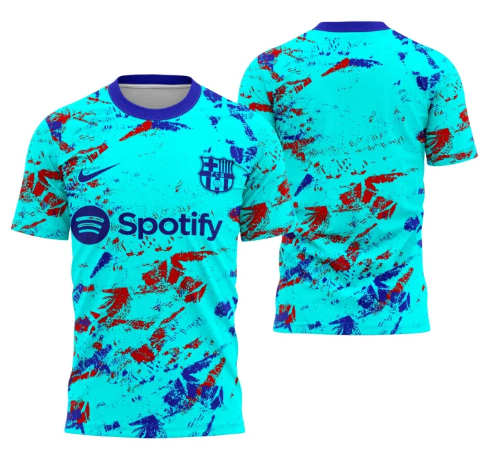 Camiseta unissex preta com logo no peito e estampa grande nas costas inspirada no Interclasse Terceiro Kit do Barcelona, estilo moderno e esportivo para fãs.