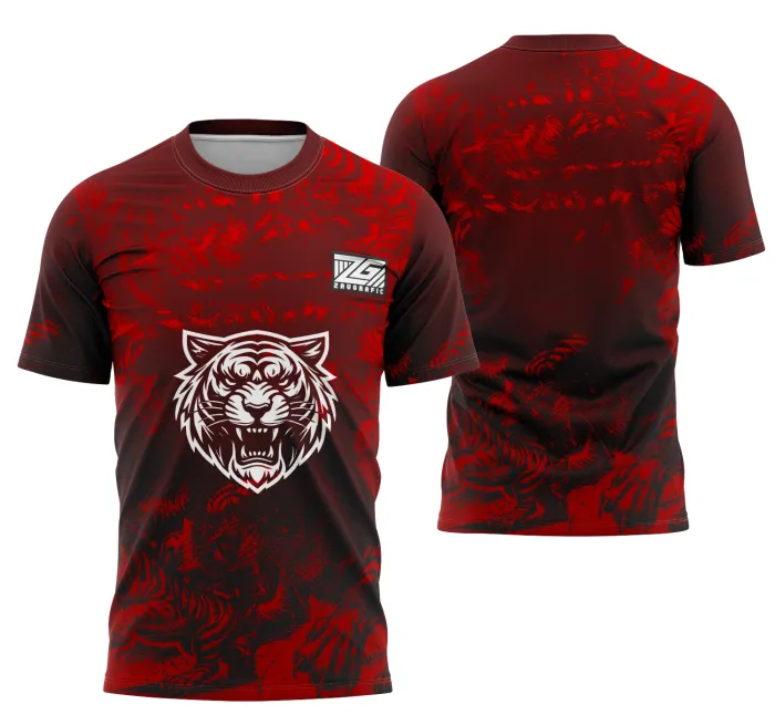 Camiseta unissex preta com logo no peito e estampa grande nas costas de tigre vermelho, design vibrante para fãs da Interclasse Tigre Vermelho.