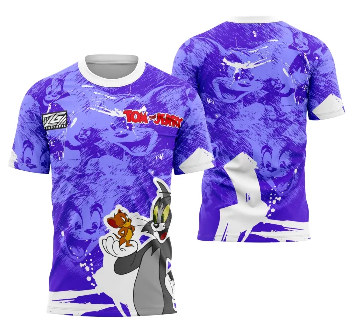 Camiseta unissex preta com logo no peito e estampa grande nas costas do Tom e Jerry na Interclasse 2025, ideal para eventos e uso casual.