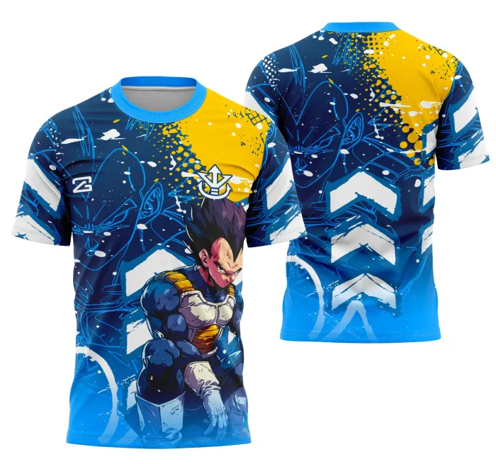 Camiseta unissex preta com logo no peito e estampa grande nas costas mostrando Vegeta no estilo Interclasse, perfeita para fãs de anime e cultura pop