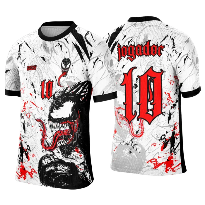 Camiseta unissex branca com logo no peito e estampa grande nas costas em vermelho e branco, tema Camisa Interclasse Venom, visual moderno e marcante para uso casual