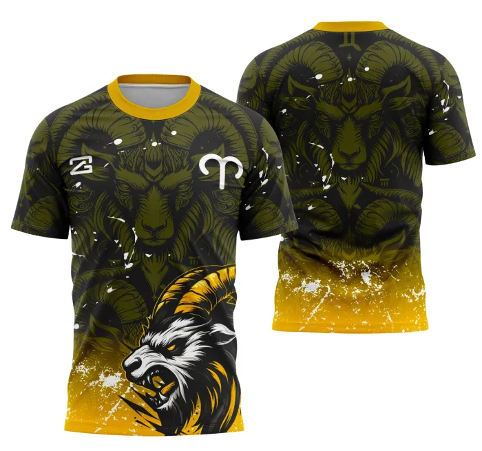 Camiseta unissex preta com logo no peito e estampa grande nas costas com tema Interclasse Zodíaco Áries, perfeita para eventos e grupos escolares.