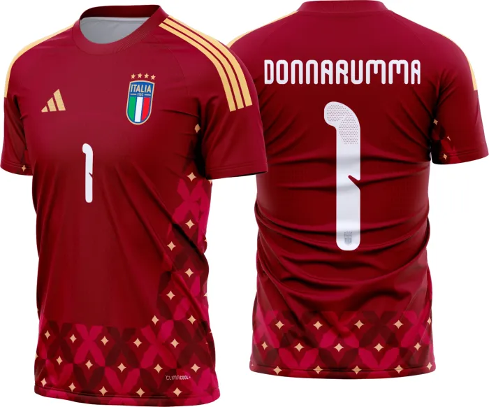 Camiseta unissex preta com logo no peito e estampa grande nas costas inspirada na camisa do goleiro da Itália 2026-2028, design moderno e vibrante.