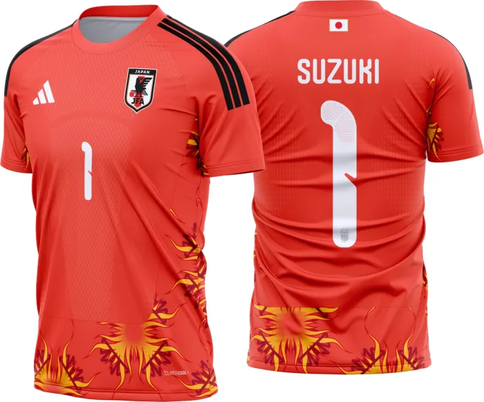 Camiseta unissex preta com logo no peito e estampa grande nas costas temática Japão Goleiro 2026-2028, ideal para fãs do futebol e colecionadores.