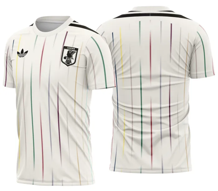 Camiseta unissex preta com logo no peito e estampa grande nas costas mostrando o kit reserva da seleção do Japão para 2026, ideal para fãs do futebol e colecionadores.
