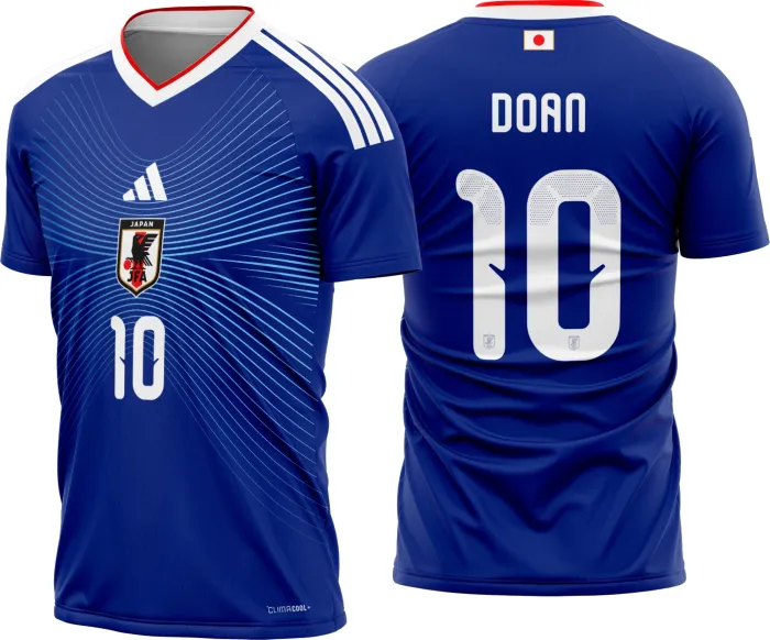 Camiseta unissex preta com logo no peito e estampa grande nas costas representando a camisa Japão titular para 2026 a 2028, ideal para fãs da seleção japonesa.
