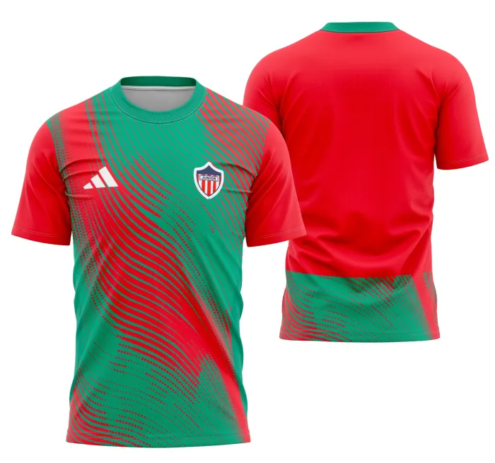 Camiseta unissex branca com logo no peito e estampa grande nas costas do Junior de Barranquilla Kit Reserva, ideal para fãs e colecionadores do time.