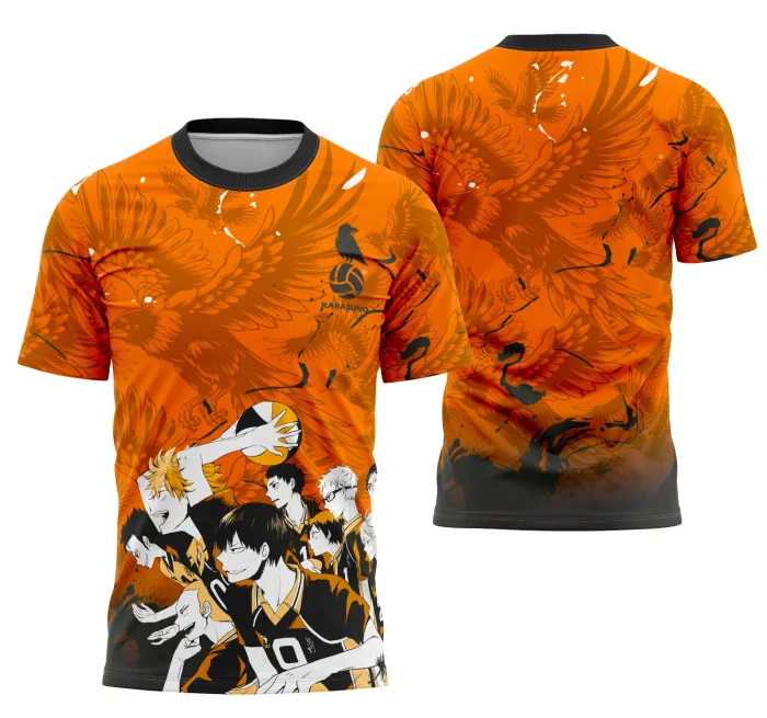 Camiseta unissex preta com logo no peito e estampa grande nas costas inspirada em Karasuno Haikyuu, perfeita para fãs do anime, estilo casual e descolado totalmente temática.