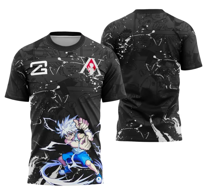 Camiseta preta unissex com logo no peito e estampa grande nas costas inspirada em Killua de Hxh, perfeita para fãs que buscam estilo e conforto no dia a dia.