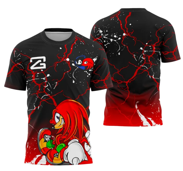 Camiseta unissex preta com logo no peito e estampa grande nas costas do personagem Knuckles, ideal para quem curte estilo marcante e moderno.