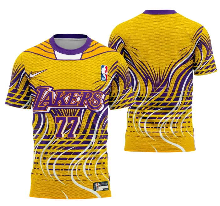 Camiseta unissex preta com logo no peito e estampa grande nas costas no tema Lakers Conceito Casa, ideal para fãs de basquete com estilo único e moderno.