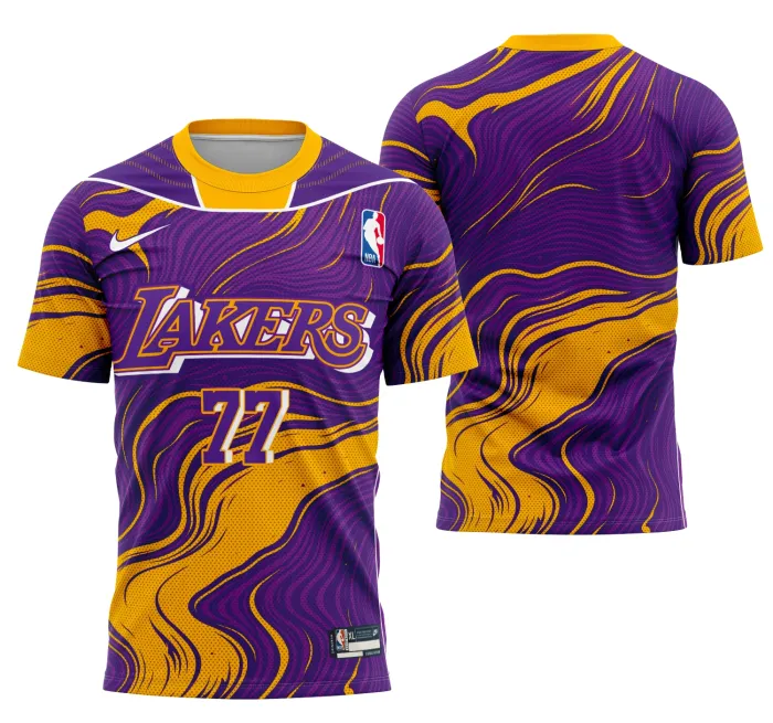 Camiseta unissex preta com logo no peito e estampa grande nas costas inspirada no conceito Reserva dos Lakers, ideal para fãs do basquete.
