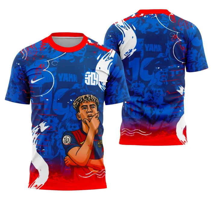 Camiseta unissex preta com logo no peito e estampa grande nas costas inspirada na coleção Goats & Glory de Lamine Yamal