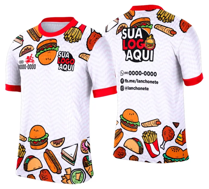 Camiseta unissex branca com logo no peito e estampa grande nas costas com tema lanche e hamburgueria