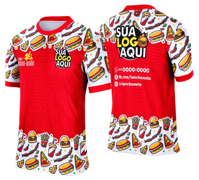 Camiseta unissex branca com logo no peito e estampa grande nas costas com tema de lanche e hamburgueria