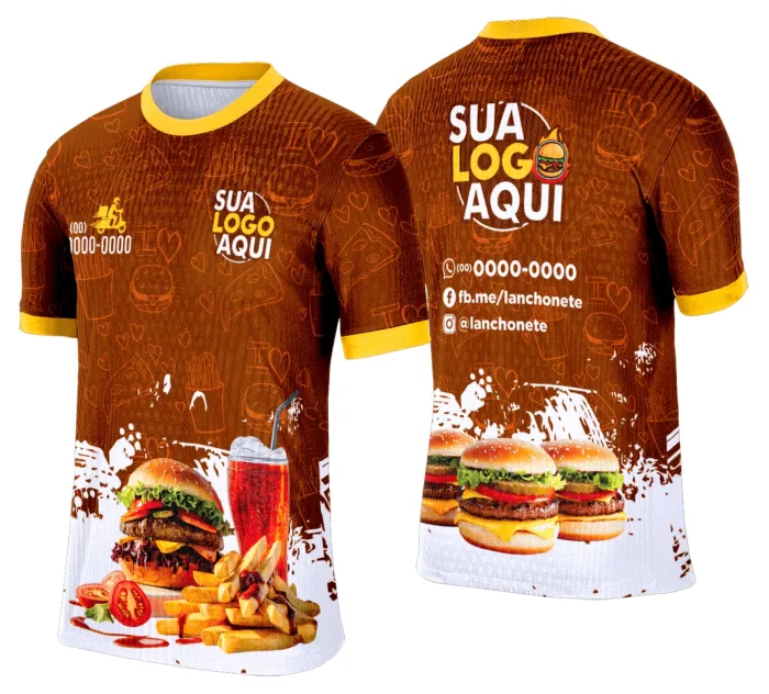 Camiseta unissex branca com logo no peito e estampa grande nas costas com tema de lanche e hamburgueria