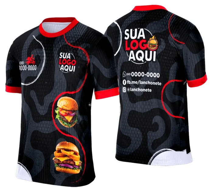 Camiseta unissex branca com logo no peito e estampa grande nas costas com tema de lanche e hamburgueria