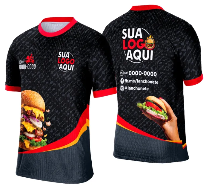 Camiseta unissex branca com logo no peito e estampa grande nas costas com tema de lanche e hamburgueria