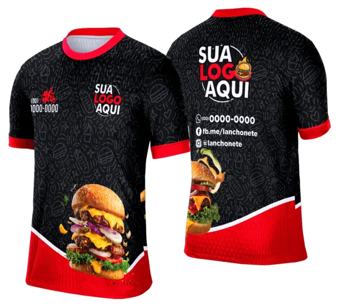 Camiseta unissex branca com logo no peito e estampa grande nas costas com tema de lanche e hamburgueria