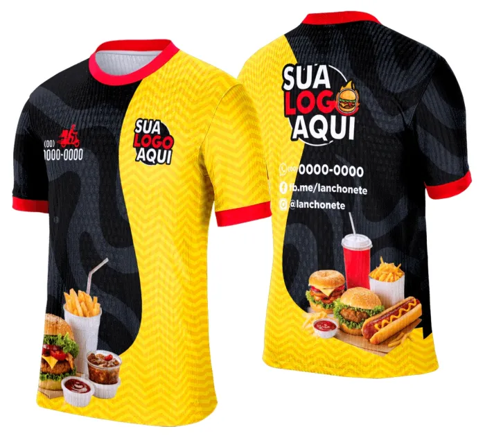 Camiseta unissex branca com logo no peito e estampa grande nas costas com tema de lanche e hamburgueria estilo retrô