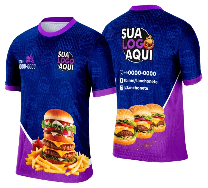 Camiseta unissex branca com logo no peito e estampa grande nas costas com tema lanche e hamburgueria