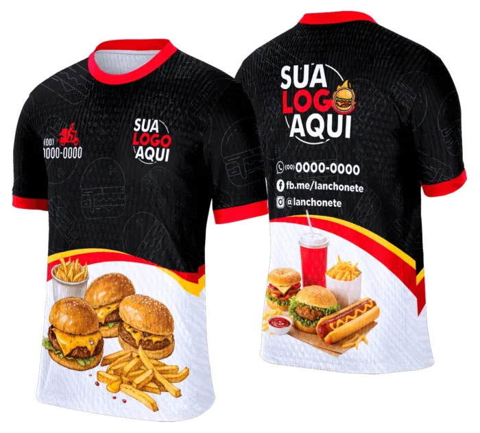 Camiseta unissex branca com logo no peito e estampa grande nas costas com tema de lanche e hamburgueria