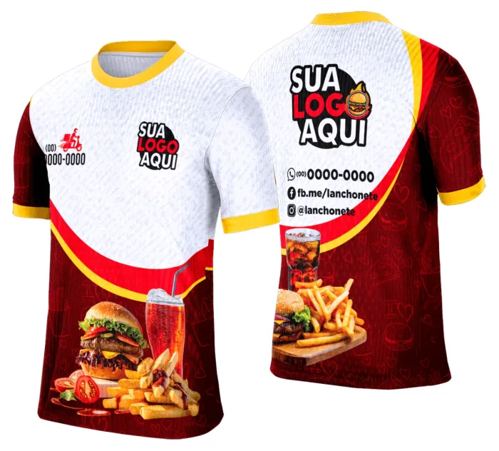 Camiseta unissex branca com logo no peito e estampa grande nas costas com tema de lanche e hamburgueria