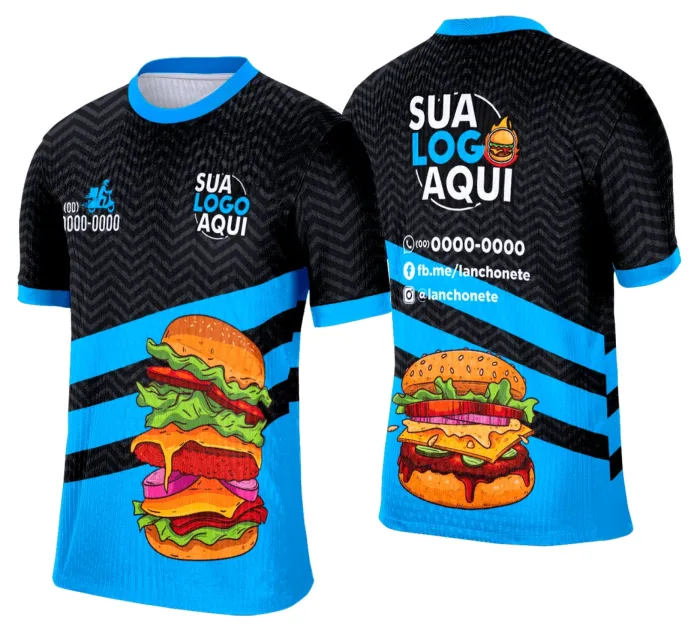 Camiseta unissex branca com logo no peito e estampa grande nas costas com tema lanche e hamburgueria