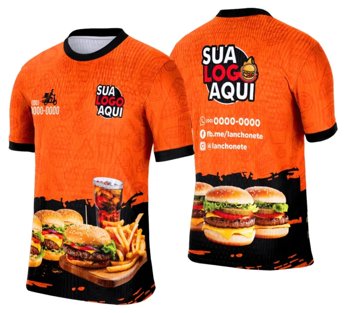 Camiseta unissex branca com logo no peito e estampa grande nas costas com tema de lanche e hamburgueria