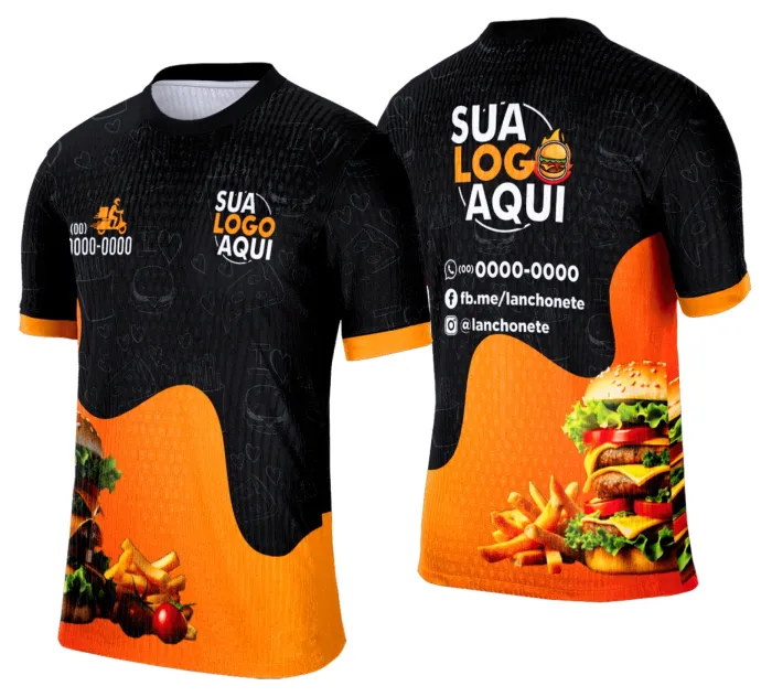 Camiseta unissex branca com logo no peito e estampa grande nas costas com tema de lanche e hamburgueria