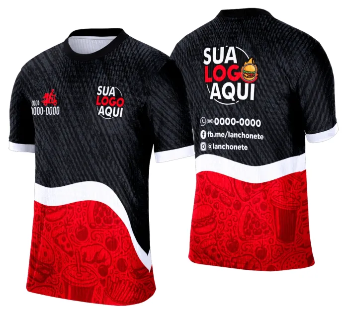 Camiseta unissex branca com logo no peito e estampa grande nas costas com tema lanche e hamburgueria