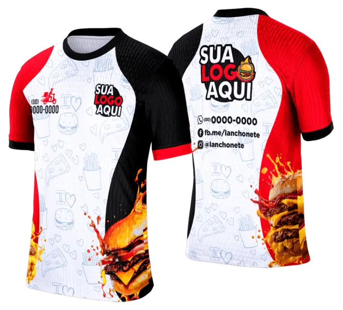 Camiseta unissex branca com logo no peito e estampa grande nas costas com tema de lanche e hamburgueria