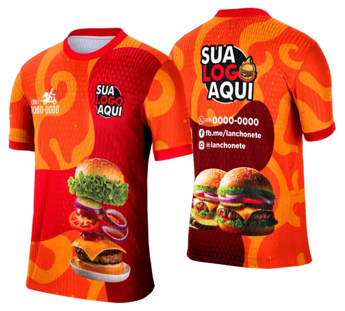 Camiseta unissex branca com logo no peito e estampa grande nas costas com tema de lanche e hamburgueria