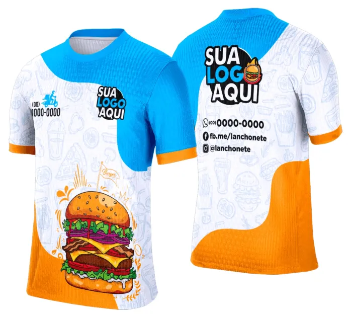 Camiseta unissex branca com logo no peito e estampa grande nas costas com tema de lanche e hamburgueria