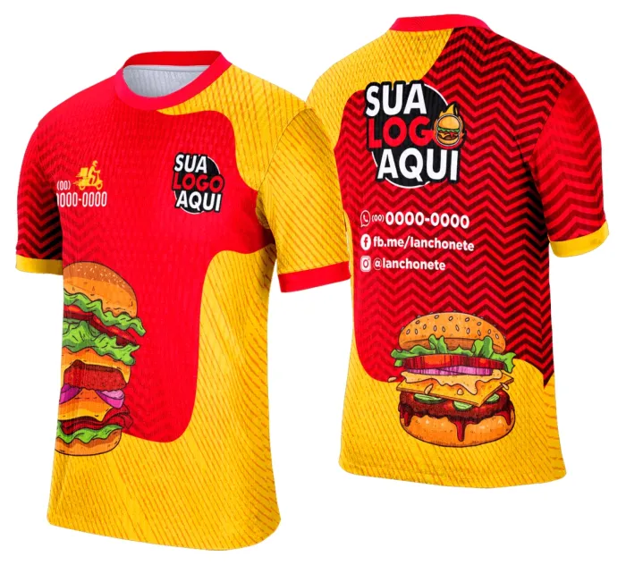 Camiseta unissex branca com logo no peito e estampa grande nas costas com tema de lanche e hamburgueria