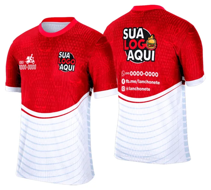 Camiseta unissex branca com logo no peito e estampa grande nas costas com tema de lanche e hamburgueria