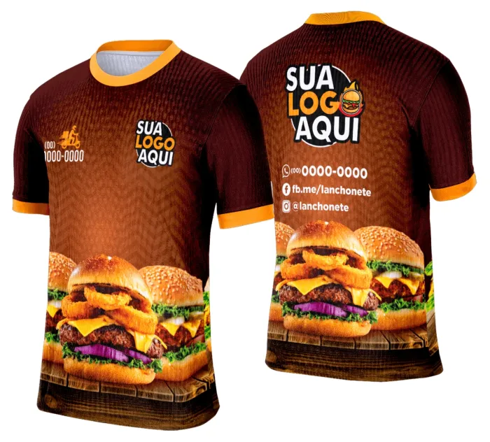 Camiseta unissex branca com logo no peito e estampa grande nas costas sobre tema de lanche e hamburgueria