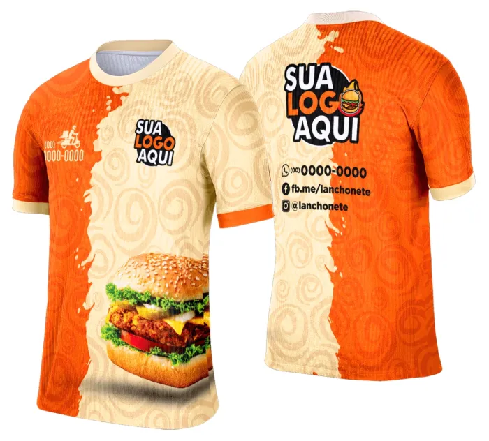 Camiseta unissex branca com logo no peito e estampa grande nas costas com tema de lanche e hamburgueria