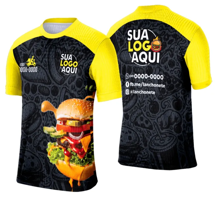 Camiseta unissex branca com logo no peito e estampa grande nas costas com tema lanche e hamburgueria