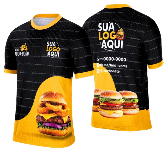 Camiseta unissex branca com logo no peito e estampa grande nas costas com tema de lanche e hamburgueria