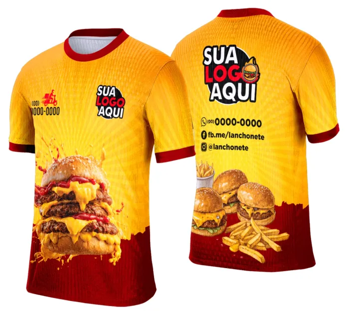 Camiseta unissex branca com logo no peito e estampa grande nas costas com tema lanche e hamburgueria