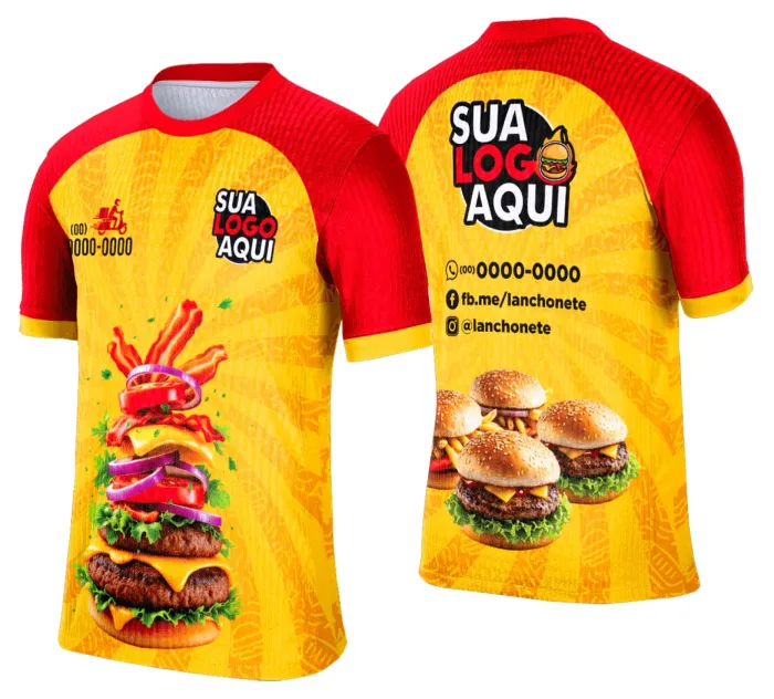 Camiseta unissex branca com logo no peito e estampa grande nas costas com tema de lanche e hamburgueria