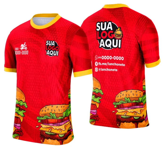 Camiseta unissex branca com logo no peito e estampa grande nas costas de lanche e hamburgueria