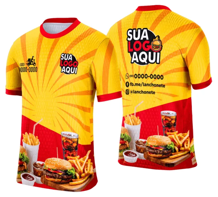 Camiseta unissex branca com logo no peito e estampa grande nas costas com tema de lanche e hamburgueria