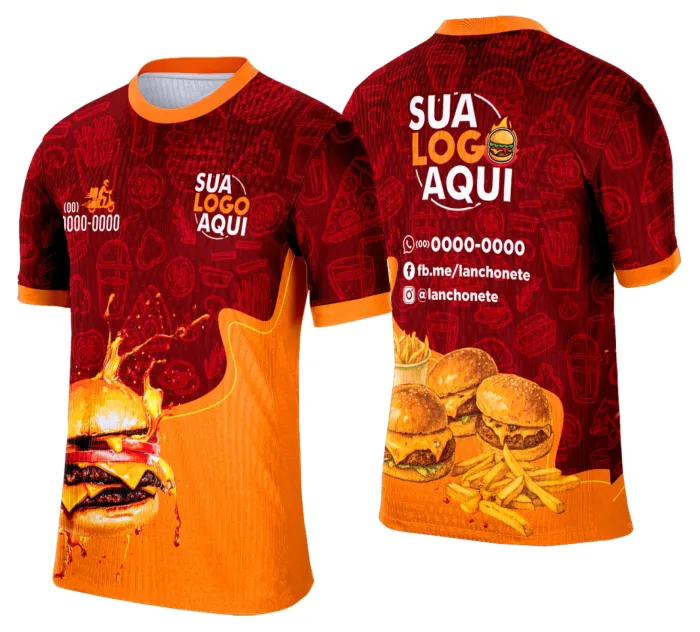 Camiseta unissex branca com logo no peito e estampa grande nas costas sobre lanche e hamburgueria