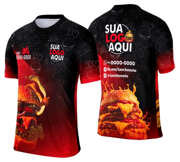 Camiseta unissex branca com logo no peito e estampa grande nas costas com tema de lanche e hamburgueria