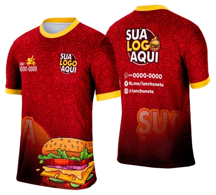 Camiseta unissex branca com logo no peito e estampa grande nas costas com tema de lanche e hamburgueria