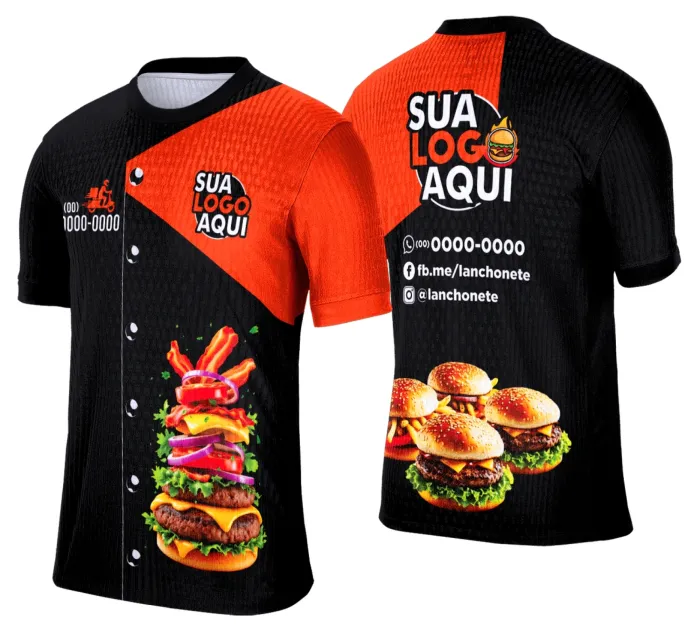 Camiseta unissex branca com logo no peito e estampa grande nas costas com tema de lanche e hamburgueria
